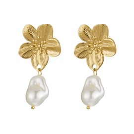 Gold Flower White Pearl Dangle Earrings for Women Trendy Pearl Floral Drop Earrings for Wedding Party Prom Jewelry, one size, Zinc, No Gemstone