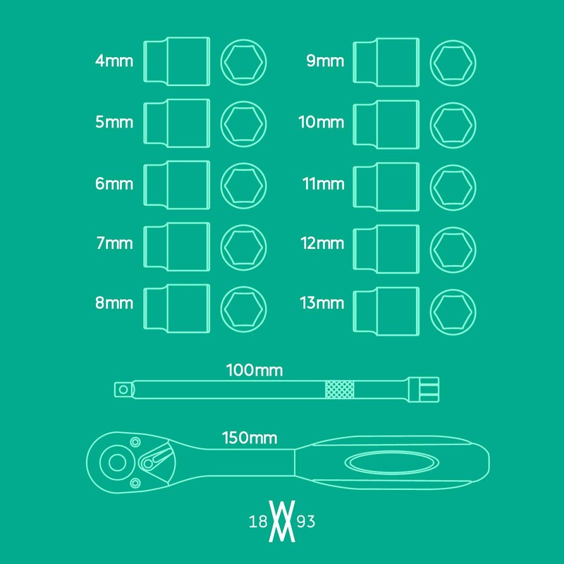 WIESEMANN 1893 Socket Wrench Set 12 pcs with 1/4" Ratchet,