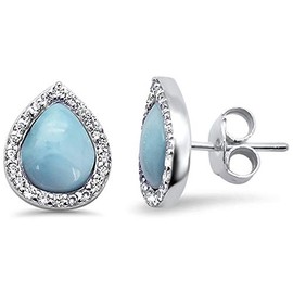 Pear Shape Natural Larimar Cubic Zirconia Teardrop Stud Earrings Sterling Silver