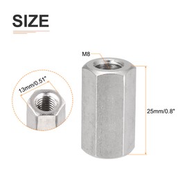 DTGN M8x1.25mmx25mm(DxPxH) Hex Coupling Nuts - 2Pack - Good for Home Garage Repairs - 304 Stainless Steel Polishing Rod Coupling Nuts - Silver Tone