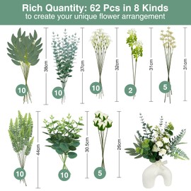 KUKKUME Artificial Eucalyptus Leaves Stems 62PCS 8 Kinds Faux Plants and Fake Flowers Fake Silver Dollar Eucalyptus Leaves Stems for DIY Bouquets Floral Arrangement Wedding Home Decor