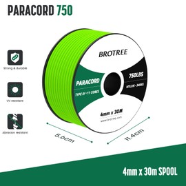 BROTREE Paracord 750 lb 4.2 mm 30 m 100% Nylon Rope Type 4 Cord with 11 Core for Survival, Camping, Outdoor - 340 kg Breaking Load (Neon Green)