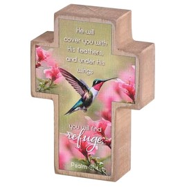 Dicksons Hummingbird - He Will Cover You With His Feathers - Psalm 91:4-4 x 2.75 Inch Brown/Pink MDF Wood Tabletop Block Cross Sign