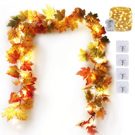 KASZOO 2 Pack Fall Maple Garland with 40 LED String Light- 5.8ft/Piece Artificial Fall Foliage Garland Autumn Decor for Home Wedding Party