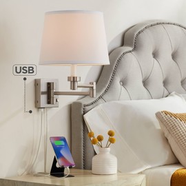 360 Lighting Vero Modern Swing Arm Wall Lamp with USB Charging Port Brushed Nickel Plug-in Light Fixture White Drum Shade for Bedroom Bedside House Reading Living Room Home Hallway Dining