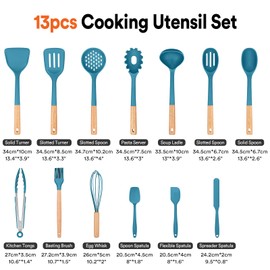 Kitchen Utensils Set, 13PCS Silicone Cooking Utensils, Heat Resistant Kitchen Utensil Spatula Set for Nonstick Cookware, Wooden Handles Kitchen Gadgets Tools Set (BLUE)