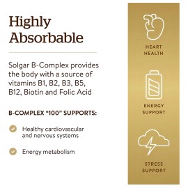 Sugar B Complex 100 Solgar 100 cap Ayuda a convertir los alimentos en energía; Solgar B-Complex 100 proporciona las vitaminas del complejo B que tu cuerpo necesita para el metabolismo de carbohidratos