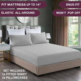 NIM TEXTILE Luxury Sheets 1600 TC Softness Deep Pocket 3pc Fitted Sheets Set - 1 Fitted Sheet and 2 Pillowcases - Milano Collection Bedding - Light Grey, Full