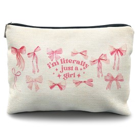 Likjad Pink Coquette Bow Makeup Bag, Preppy Bow Cosmetic Bags for Women, Girly Pink Makeup Pouch, Coquette Stuff, I'm Literally Just a Girl Preppy Zipper Pouch