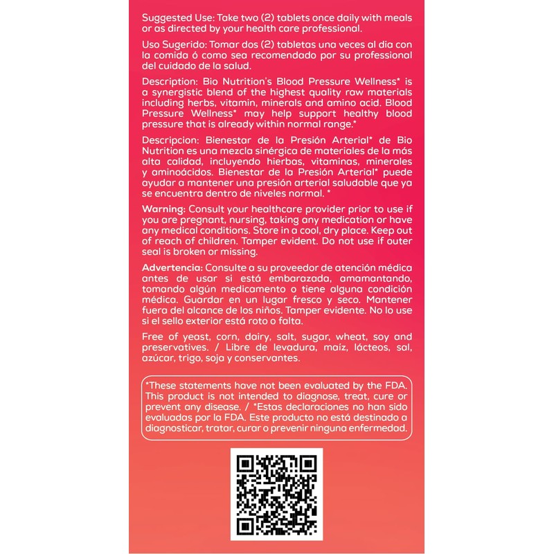 Bio Nutrition Blood Pressure Wellness 60 Tablets (2 Pack) Supports