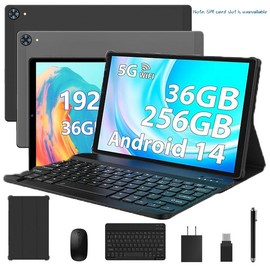 YUMKEM Tablets 10.3 Inch Android 14, 36GB RAM+256GB ROM (TF 1TB), FHD In-cell Screen/5G WiFi/Octa-Core/6000mAh/5+13MP/GMS/BT 5.0/Metal Body, 2-in-1 Tablet  PC w/Keyboard  Mouse Case Stylus - Color: Gray
