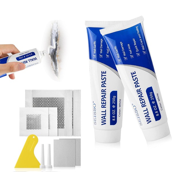 SEISSO Wall Mending Agent, Wall Repair Paste 2 * 250g, Quick Wall Filler with Scraper, 4 Pieces of Repair Wall Patch, Repair and Cover Cracks, Holes, Graffiti, Peeling