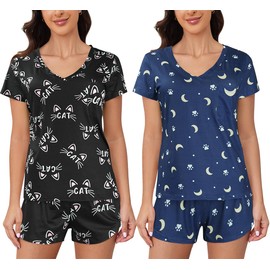 YIJIU 2 Pack Short Pajamas Set for Womens Short Sleeve Sleepwear Comfy V Neck Pj Shorts Set Cute Cat Printed Lounge Set,Black Blue,XXL