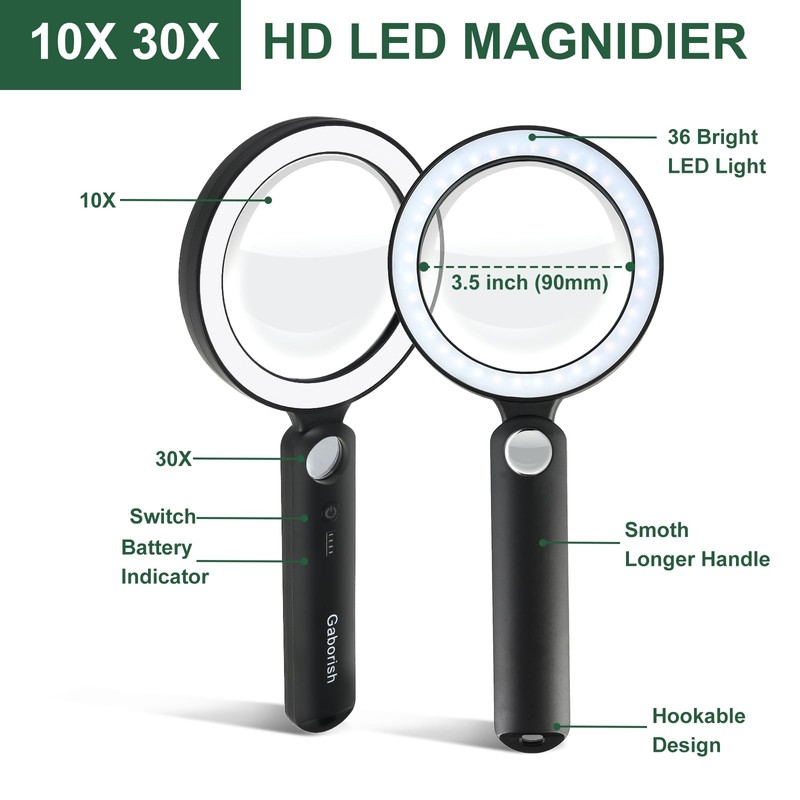 Magnifying Glass with Light, 10X 30X Handheld Real Glass Magnifier