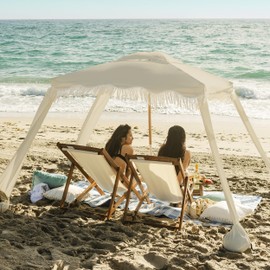 AMMSUN Beach Cabana with Fringe, 6'×6' Boho Beach Canopy with Tassels, Easy Set up & Premium Wood Pole, Cabana Tent with Sand Pockets, Instant Sun Shade for Sand, Garden, Patio, Beige