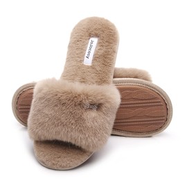 JOJOCOSY Rabbit Model Lady’s Comfortable Fuzzy Memory Foam Scuff Women’s Fashion Plush Peep-Toe Relaxing Indoor Slippers (Mocha, Small)
