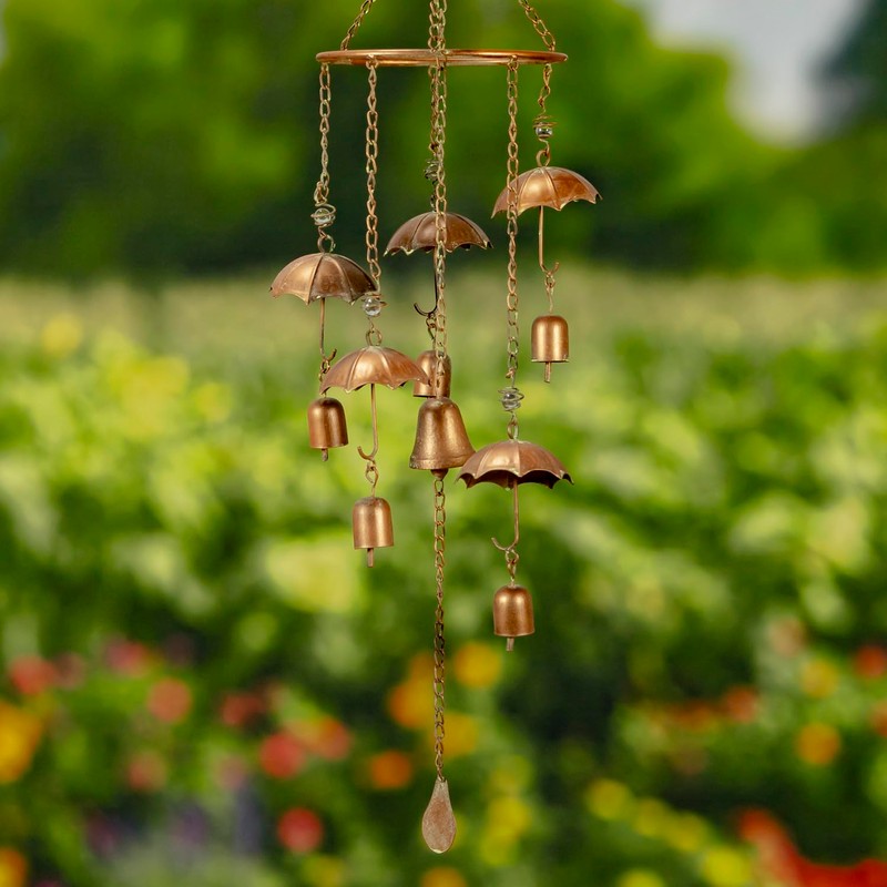 39.75" Long Antique Copper Umbrella Wind Chime with Glass Marbles