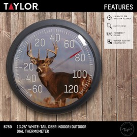 Taylor White Tail Deer Large Indoor Outdoor Dial Thermometer, Wireless Thermometer with Easy to Read Large Numbers for Patio, Pool, Garden or Garage, and Indoor Areas, 13.25-inch, White Tail Dee, Blue