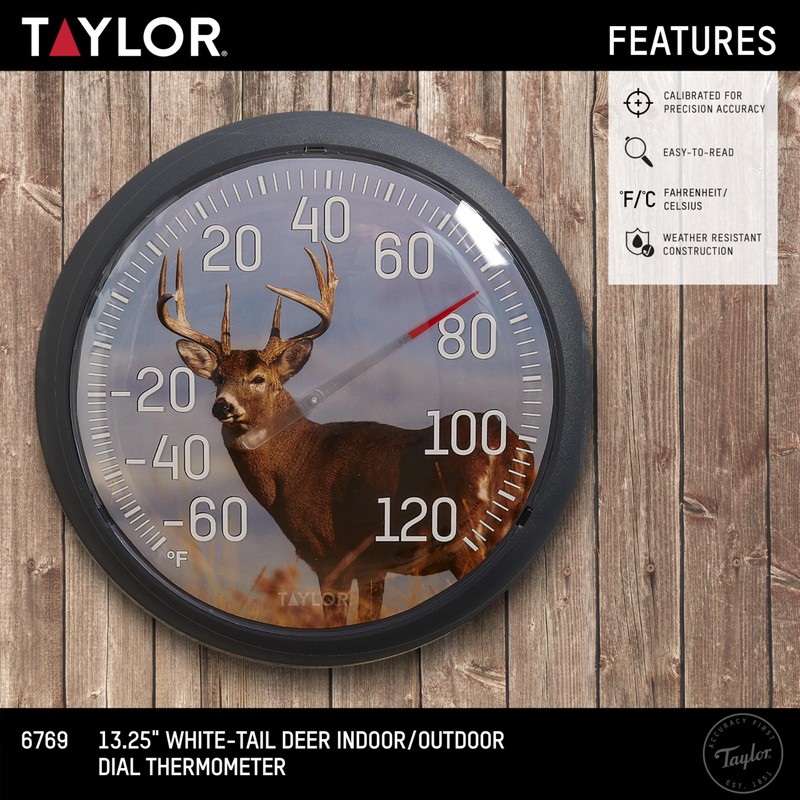 Taylor White Tail Deer Large Indoor Outdoor Dial Thermometer, Wireless