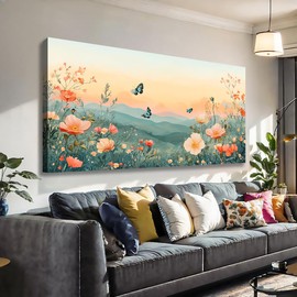 Canvas Wall Art for Living Room Decor Mountain Landscape with Butterflies and Flowers Picture Prints Bedroom Office Wall Decor Framed Art 20 x 40 inches Ready to Hang
