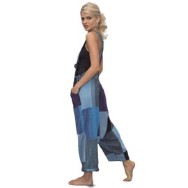 manakamana Mono de verano con bolsillos estilo harén de retazos con bolsillos – Mono suelto Boho – Mono holgado de bajo agachado – 100% algodón, Azul / Patchwork, S-M