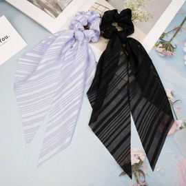 JGQUR Pack of 2 Bow Scrunchies for Women, Scarf Hair Ties Knotted Hair Ribbon Long Tail, Ponytail Holders Girls Hair Accessories, Black & Lilac