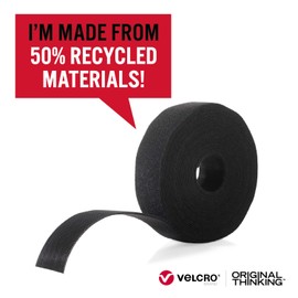 VELCRO Brand ECO Collection Cut to Length Straps, Double Sided Roll 10ft x 1in, Sustainable 50% Recycled Material, Black