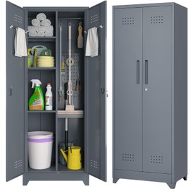 IRONFFICE Broom Storage Cabinet,65" H Utility Closet with Pegboard,Cleaning Cabinet with Locking for Laundry Room,Grey