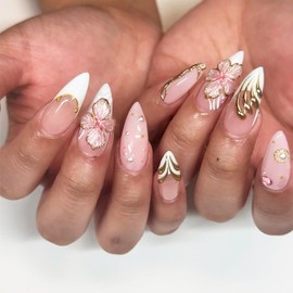White French Tip Press on Nails Medium Almond Summer 3D Flower Fake Nails with Glue Gold Line Pearl Rhinestones Artificial Nails Full Cover Pink Glossy False Nails for Women Manicure Decoration 24PCS