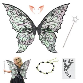 HuaMuDM Fairy Wings Costume, Princess Wings, Wings Fairy, Butterfly Wings Costume, Butterfly Wings with Elf Eyes, Fairy Headband and Stars Fairy Sticks for Fancy Dress or Fairy Theme Parties