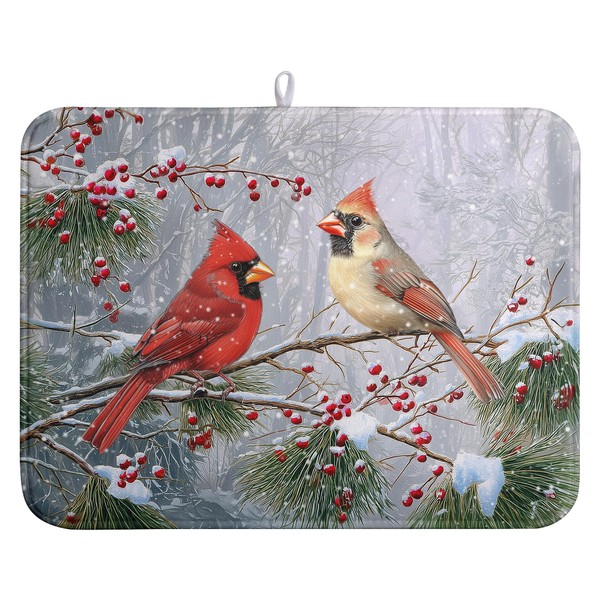 Winter Cardinal Birds Dish Drying Mats Christmas Snowflake Dish Mat