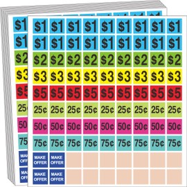 Garage Sale Price Stickers,Yard Sale Tags 1800 Pieces, 3/4 x 3/4 inches, Pre-Printed $1-$5 and Cents Values, Multi-Color