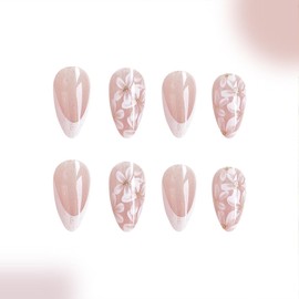 White French Tip Press on Nails Almond Medium Fake Nails with White Flower Design Glue on Nails Light Pink Nails Press ons Glossy Full Cover Artificial Stick on Nails for Women Girls 24Pcs
