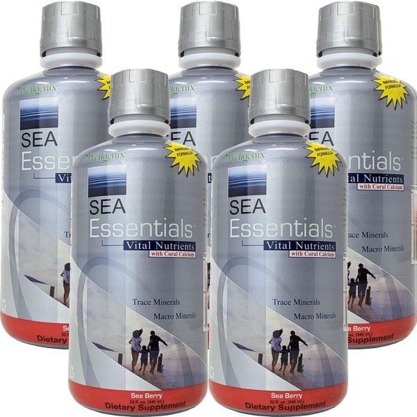 Wellgenix Sea Essentials Coral Calcium Liquid Vitamin for High Absorption - Nutritional Multivitamin Supplement - Sea Berry Flavor (32 oz) (5 Pack)