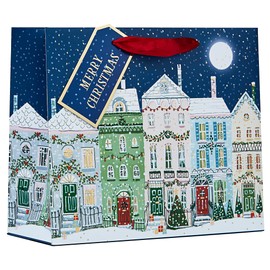 Partisan Products Street Scene Traditional Christmas Shopper Gift Bag with Red Handle and Merry Christmas Message Gift Tag Xmas Gift Wrap Medium