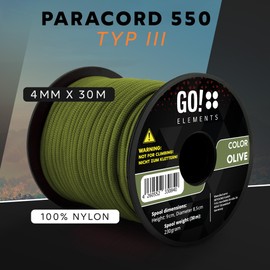 GO!elements 30 m Paracord Rope Made of Tear-Resistant Nylon Cord - 4 mm Paracord 550 Type III Cord - All-Purpose Rope and Cord - Max. 250 kg, Colour: Olive