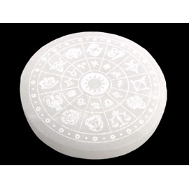Selenite Charging Plate with Zodiac Sign "Astrology" Engraving Diameter 10.5 cm – Approx. 220 g with Small Acrylic Stand