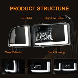 DimFlux LED DRL Headlight Assembly, Compatible with 1994-2001 Dodge Ram 1500/1994-2002 Ram 2500 3500(DON'T Fit SPORT Models or Ram VAN Models) Headlights Kit, Headlamp Black Housing Clear Reflector