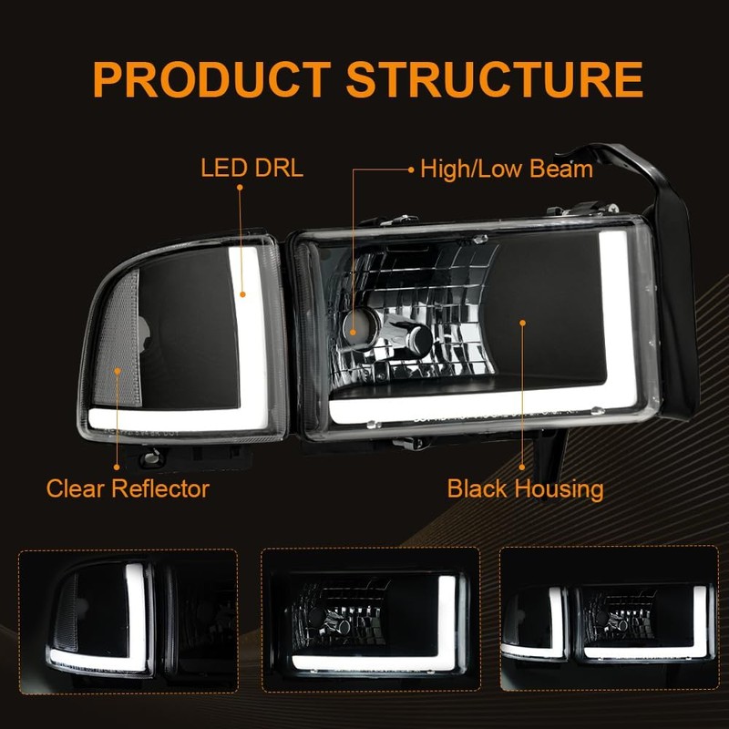 DimFlux LED DRL Headlight Assembly, Compatible with 1994-2001 Dodge Ram