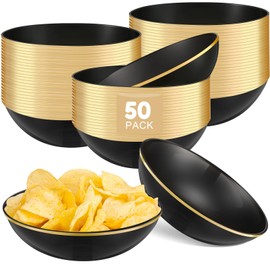 Newtay 50 Pcs Plastic Bowls Bulk 14oz Disposable Bowls with Gold Rim Plastic Party Tableware for Chips Salad Dessert Ice Cream Serving Plates Birthday Wedding Catering (Black)