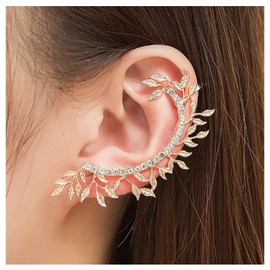Cybche Crystal Leaf Ear Climber Cuff Earrings Rhinestone Leaf Cuff Wrap Earrings Gold CZ Leaf Stud Earrings Sparkling Crystal Cartilage Crawler Earrings CZ Branch Cartilage Cuff, Zinc, No Gemstone
