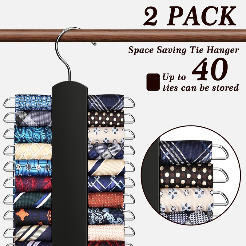 2 Pack Tie Rack for Closet, Premium Wooden Necktie Organizer
