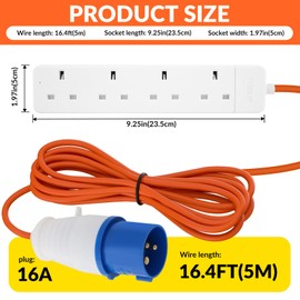 4 Gang Electric Hook Up for Camping,5 Metres 16A to 13A Extension Lead,Heavy Duty-250V Mains Lead for Caravans,Mobile Homes,Motorhomes