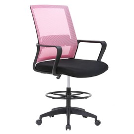 BestOffice Drafting Chair Tall Office Chair Adjustable Swivel Rolling Mesh Height with Lumbar Support Arms Footrest Mid Back for Adults Standing Desk Drafting Stool (Light Pink)