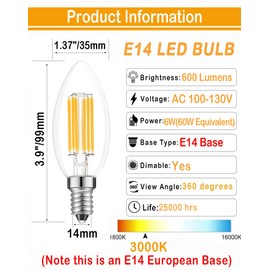 Lamsky E14 LED Bulb Dimmable,110V 600LM 60W Equivalent Warm White 3000K,E14 European Base Candelabra Light Bulbs for Turkish Lamp,European Chandeliers(5-Pack)