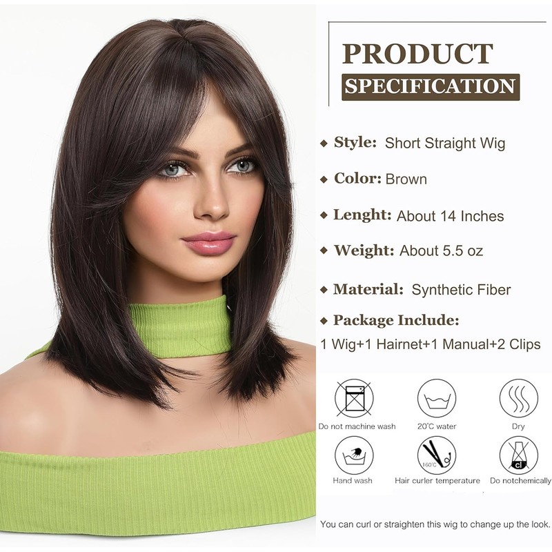 Esmee Short Straight Dark Brown Bob Wigs with Curtain Fringe