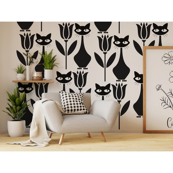 Mid Century Modern Cat and Flowers | Retro 60s 70s