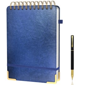 A5 Top Spiral Notebook, Large Leather Hardcover Top Bound Steno Pads, 240 Pages 100 gsm Thick Lined Paper Left Handed Notebook Journals for Work, School, Meeting Writing - Navy Blue, 5.9" x 8.5"