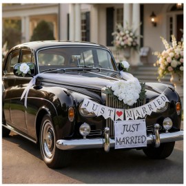 Champagne Heart Wedding Car Decoration Set with Just Married Banner, Floral Heart Hood Ornament with Tulle and Suction Cups, Rearview Mirror Flowers, and Fabric Car Plate Sign for Wedding Getaway Car