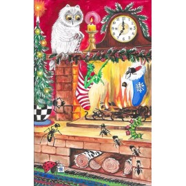 PRINT OF PAINTING RYTA SNOW OWL FIREPLACE CLOCK Christmas House Art House Gift